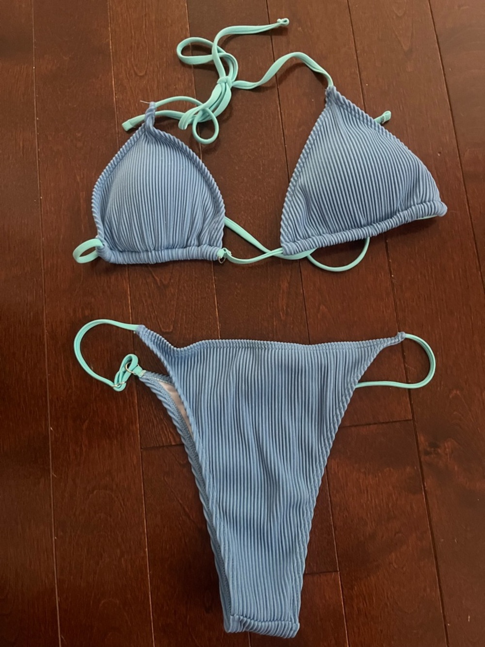 Ribbed Light Blue Triangle String Bikini with Mint Straps